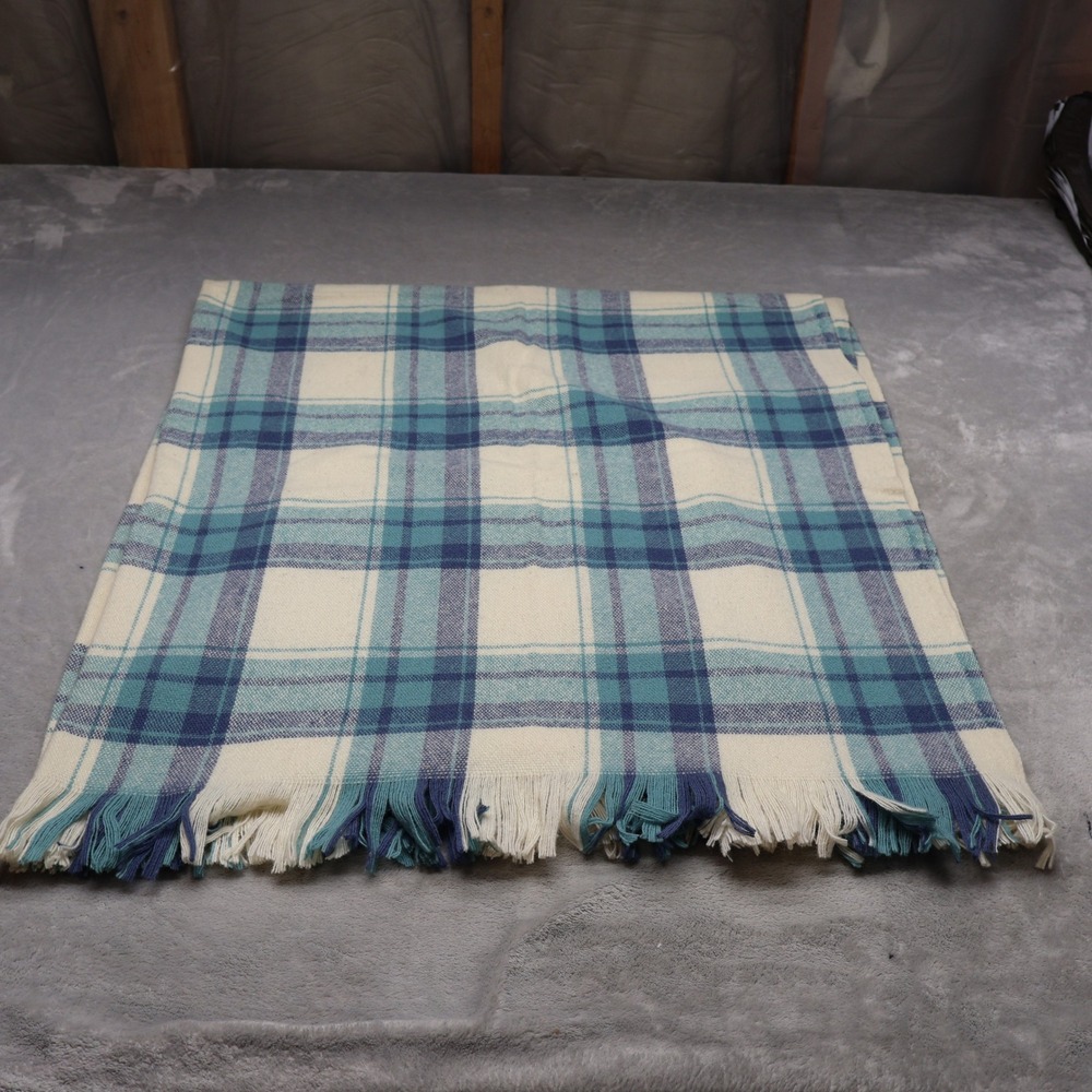 Faribault Pure Wool Throw Blanket OS Blue Plaid Fringed VTG RARE USA‎ Made 50x60